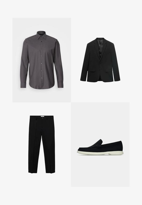 Čierny blazer s výstrihom v tvare "v", uzatváranie na jeden gombík, dve predné vrecká a hladká saténová podšívka. Strih prispôsobený postave s pevnou siluetou.; Tmavošedá košeľa na gombíky s dlhým rukávom, golierom a malým textúrovaným vzorom. Obsahuje lesklé gombíky a zaoblený dolný okraj.; Čierne oblekové nohavice so strihaním do rovna, s jednému gombíku, pútkami na opasok a prednými záhybmi. Vyrobené z hladkej látky.; Čierne nazúvacie topánky s okrúhlou špičkou, s textúrovaným zvrškom, hladkou bielou podrážkou a jemným brandingom po boku.
