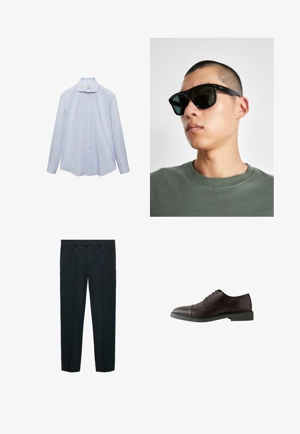 Schwarzer Blazer mit Reverskragen, einzelner Knopfverschluss, zwei Vorderentaschen und glattem Satinfutter. Maßgeschneiderter Schnitt mit strukturiertem Sitz.; Hellblaues Langarmhemd mit weißen vertikalen Streifen, Button-Down-Kragen und Vorderknöpfen. Glatte Stoffqualität mit strukturierter Passform.; Schwarze Hosen aus glattem Stoff, mit geradem Schnitt, zwei vorderen Taschen und einem taillierten Bund mit Gürtelschlaufen.; Dunkelburgunderfarbener Leder-Schnürschuh mit abgerundetem Zehenbereich, flacher schwarzer Sohle, minimalen Nähdetails und glatter Textur.; Schwarze rechteckige Sonnenbrille mit dunklen Gläsern, die eine markante Form und eine Markierung am Bügel aufweist. Getragen von einer Person in einem grünen Hemd.