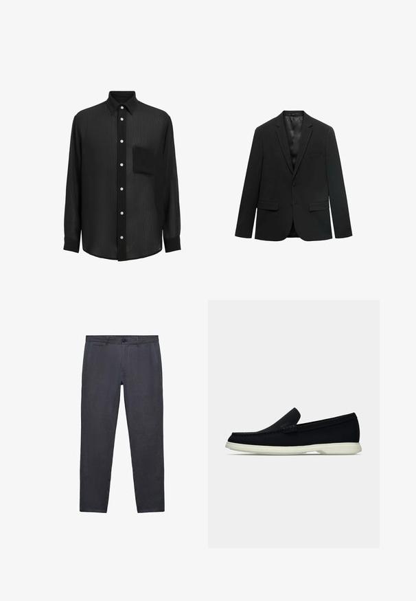 Čierny blazer s výstrihom v tvare "v", uzatváranie na jeden gombík, dve predné vrecká a hladká saténová podšívka. Strih prispôsobený postave s pevnou siluetou.; Čierna košeľa na gombíky vyrobená z textúrovaného materiálu. Má dlhé rukávy, klasický golier a náprsné vrecko. Gombíky sú biele.; Tmavošedé nohavice vyrobené z textúrovanej tkaniny, s šikmými prednými vreckami, zapínaním na gombík a úzkym strihom.; Čierne nazúvacie topánky s okrúhlou špičkou, s textúrovaným zvrškom, hladkou bielou podrážkou a jemným brandingom po boku.