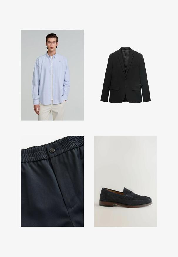 Zwarte blazer met een geknipte kraag, enkele knoopsluiting, twee voorkruiszakken en een gladde satijnen voering. Gepersonaliseerd ontwerp met een gestructureerde pasvorm.; Lichtblauw en witte gestreepte button-up shirt met lange mouwen; heeft een kraag en een klein geborduurd logo op de borst.; Marineblauwe, lichte stof met een gladde textuur. Beschikt over een elastische tailleband met een knoopsluiting en een enkele zijzak.; Marineblauwe suède instappers met een gestikte accent en een lage bruine houten hak. Ronde neus en een instapontwerp zonder zichtbare hardware.