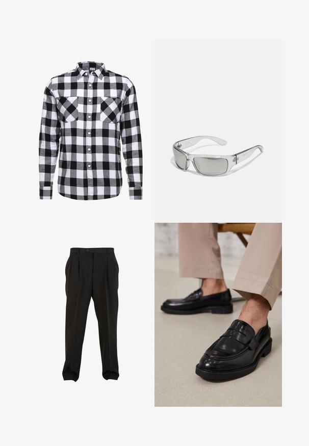 Zwarte colbert met een enkele knoopsluiting, slim fit, met notch revers en twee voorzakken. Gladde stof met een nette, formele uitstraling.; Zwarte coltrui in een geribbelde textuur, met lange mouwen en een nauwsluitende pasvorm. Kenmerkt zich door gebreide details bij de kraag en manchetten.; Zwart-wit geruit overhemd met lange mouwen, twee borstzakken en een klassieke kraag. Gemaakt van een zachte stof.; Zwarte broek van gladde stof, met voorplooien, een knopenband en taps toelopende enkelboorden. Klassieke taillering.; Zwarte leren loafers met een gladde afwerking, voorzien van een decoratieve band en contrasterende stiksels, gecombineerd met beige broeken.; Zonnebril met een transparant plastic frame, grijze lenzen, een rondom ontwerp en logodetail aan de zijkant. Soepele textuur met gebogen armen.; Zwarte leren vingervrije handschoenen met een gestructureerde afwerking. Kenmerken zijn onder andere vier vingeropeningen, versterkte stiksels en een drukknoopsluiting.