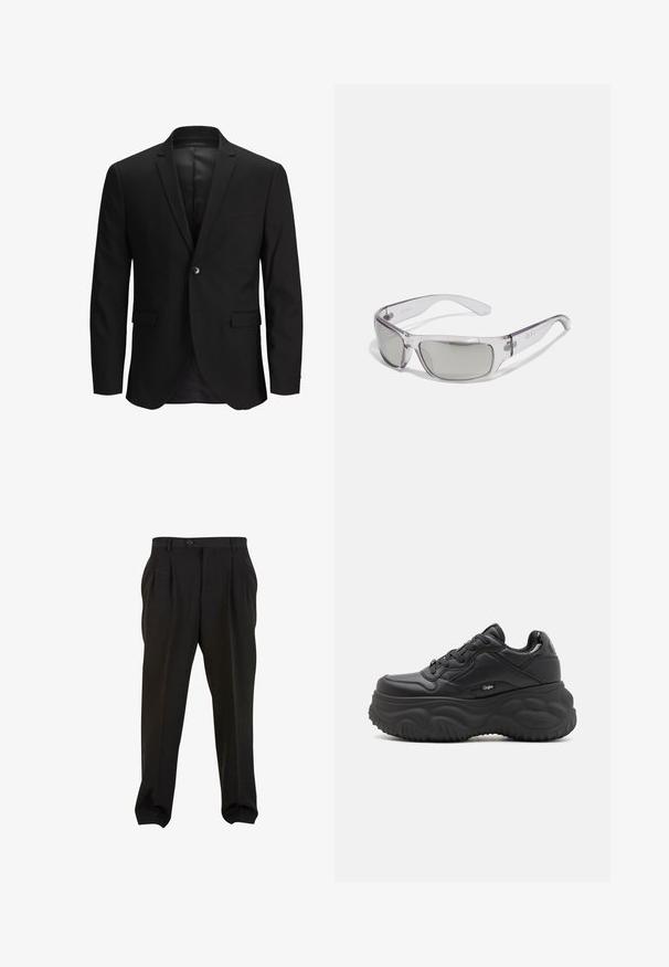 Zwarte colbert met een enkele knoopsluiting, slim fit, met notch revers en twee voorzakken. Gladde stof met een nette, formele uitstraling.; Zwarte coltrui in een geribbelde textuur, met lange mouwen en een nauwsluitende pasvorm. Kenmerkt zich door gebreide details bij de kraag en manchetten.; Zwarte broek van gladde stof, met voorplooien, een knopenband en taps toelopende enkelboorden. Klassieke taillering.; Zwarte plateau sneakers van synthetisch materiaal, met een ronde vorm, textuur in de zool en contrasterende veterdetails. Logo aan de zijkant.; Zonnebril met een transparant plastic frame, grijze lenzen, een rondom ontwerp en logodetail aan de zijkant. Soepele textuur met gebogen armen.; Zwarte leren vingervrije handschoenen met een gestructureerde afwerking. Kenmerken zijn onder andere vier vingeropeningen, versterkte stiksels en een drukknoopsluiting.