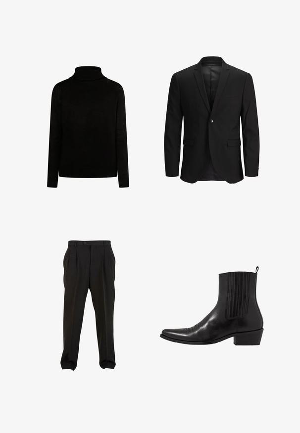 Czarna marynarka z pojedynczym zapięciem na guzik, dopasowana, z klapami w kształcie notcha i dwoma przednimi kieszeniami. Gładki materiał o eleganckim, formalnym designie.; Czarny sweter z golfem o prążkowanej fakturze, z długimi rękawami i dopasowanym krojem. Posiada dziane detale przy kołnierzu i mankietach.; Czarne spodnie z gładkiego materiału, z kieszeniami z przodu, zapinane na guzik w pasie i zwężanymi mankietami przy kostkach. Klasyczny sylwetka w stylu szytym na miarę.; Czarne skórzane botki za kostkę z wąskim noskiem, elastycznymi bocznymi panelami, pionowymi przeszyciami i niskim słupkowym obcasem.