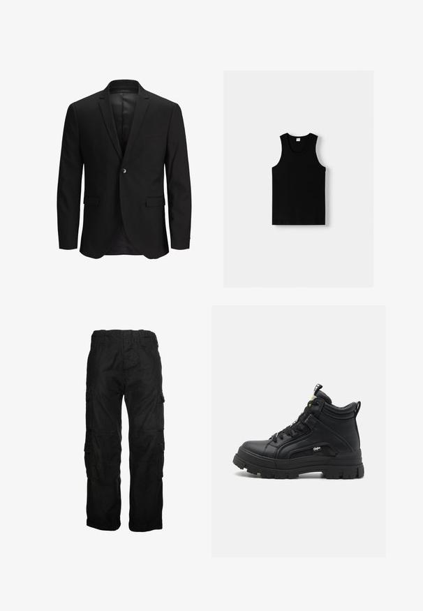 Sacou negru cu o singură închidere cu nasture, croi slim, rever cu vârf și două buzunare frontale. Material neted cu un design curat și formal.; Top negru fără mâneci, cu decolteu rotund și bretele late. Fabricat dintr-un material moale, având o textură netedă și un design simplu.; Pantaloni cargo negri din bumbac, cu multiple buzunare laterale, talie elastică și o croială relaxată. Textură netedă cu detalii de cusătură.; Încălțăminte înaltă neagră din piele texturată, cu o talpă de cauciuc groasă, șireturi frontale și un mic detaliu cu logo pe lateral.