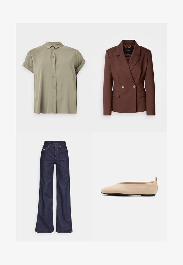 Hnědý dvouřadý blejzr se dvěma zlatými knoflíky, klopami a bočními kapsami. Vyrobený z hladké tkaniny s pevným střihem.; Krátký rukáv, olivově zelená košile na knoflíky vyrobená z lehkého materiálu, s klasickým límcem a ohrnutými manžetami.; Tmavě modré džíny s širokým střihem vyrobené z denimové tkaniny, s vysokým pasem, oranžovým prošíváním, pěti kapsami a zapínáním na knoflík.; Béžové kožené baleríny s nízkým profilem, kulatou špičkou a černou gumovou podrážkou, s malým zadním poutkem pro snadnější obouvání.
