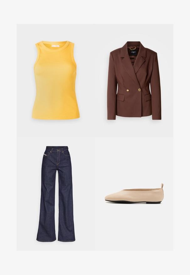Hnědý dvouřadý blejzr se dvěma zlatými knoflíky, klopami a bočními kapsami. Vyrobený z hladké tkaniny s pevným střihem.; Žlutý žebrovaný top bez rukávů s kulatým výstřihem a vypasovaným střihem. Hladký materiál, minimalisticý design a žádné viditelné prvky nebo akcenty.; Tmavě modré džíny s širokým střihem vyrobené z denimové tkaniny, s vysokým pasem, oranžovým prošíváním, pěti kapsami a zapínáním na knoflík.; Béžové kožené baleríny s nízkým profilem, kulatou špičkou a černou gumovou podrážkou, s malým zadním poutkem pro snadnější obouvání.