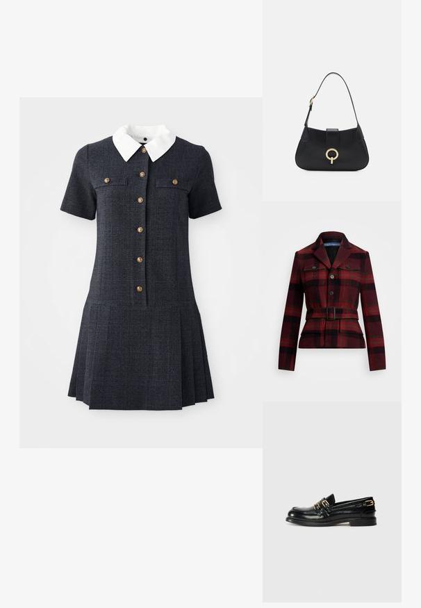 Bordeaux plaid jakke med sorte og grønne detaljer, med en bælte i taljen, slagkrave og to forlommer med knapper.; Marinblå plaid kjole med korte ærmer, hvid krave og fem guldknapper. Plisseret skørtdesign tilføjer tekstur og kontrast.; Sorte læder loafers med en blank finish, der har to guldspænder og en lav hæl. Glat tekstur med rund tådesign.; Sort læder håndtaske med en buet silhuet, kort rem, centralt guldfarvet hardware og glat tekstur. Ingen synlige mønstre eller accenter.