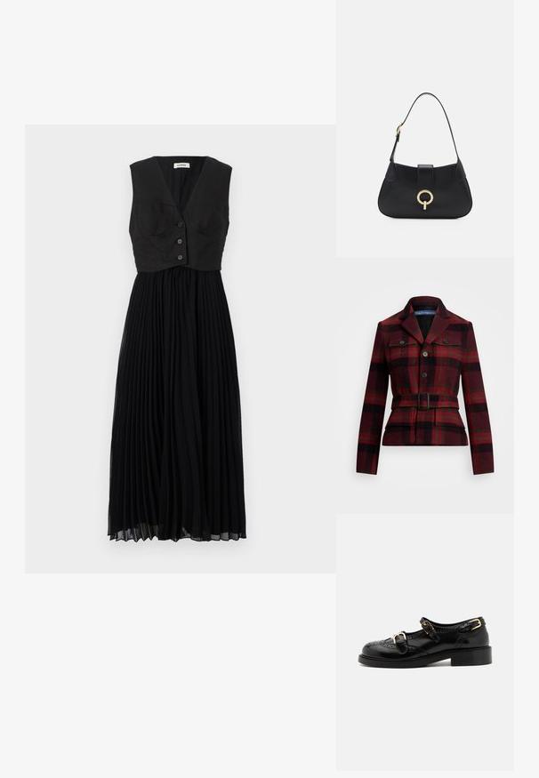 Bordo rūtainā jaka ar melniem un zaļiem akcentiem, ar jostu viduklī, iegrieztu apkakli un divām priekšējām kabatām ar pogām.; Melna plāna kleita ar pieguļošu vestes stila korpusu, kas ir ar V veida kakla izgriezumu un trim priekšējiem pogām, izgatavota no viegla auduma.; Melnas ādas kurpes ar brogue detaļām, ar diviem sprādžu siksnām, noapaļotu purngalu un zemu papēdi. Gluda tekstūra ar spīdīgu apdari.; Melna ādas rokassoma ar izliekta siluetu, īsu siksnu, centrālo zelta krāsas aksesuāru un gludu tekstūru. Nav redzamu rakstu vai akcentu.