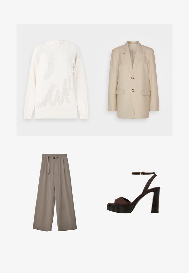 Beige Leinenblazer mit Reverskragen, zwei Vordertaschen und goldfarbenen Knöpfen. Hat eine taillierte, strukturierte Silhouette.; Weißer gestrickter Pullover mit einem großen Netzmuster, das das Wort "Kuchen" ähnelt. Gerippter Ausschnitt und Bündchen; weiche Textur.; Weite Hose aus einem weichen, gedämpften grauen Stoff, mit einem taillierten Bund und Falten für zusätzliche Design-Details. Glatte Textur, keine Muster.; Braune Wildleder-Pumps mit offenem Zeh, verstellbarem Knöchelriemen und gestreiftem Plateausohlen.