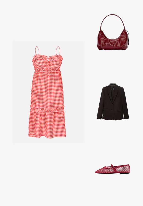 Tmavohnedý blejzer vyrobený z textúrovanej tkaniny, s klopovým golierom, dvoma prednými vreckami a dvoma gombíkmi na zapínanie. Podšívka.; Červené a biele kárované šaty s volánovými ramienkami, elastickým pásom a vrstvenou sukňou. Obsahujú detail kľúčovej dierky na prednej strane a sú vyrobené z ľahkej tkaniny.; Červené sieťové baleríny s špicatou špičkou, ktoré majú tenký remienok a detail s prackou. Zvršok má otvorený, včelí plástový vzor.; Burgundská plecnička vyrobená z lesklého materiálu, s zakriveným tvarom a zhrnutou textúrou. Obsahuje krátku rukoväť a viditeľné zipsové zapínanie.