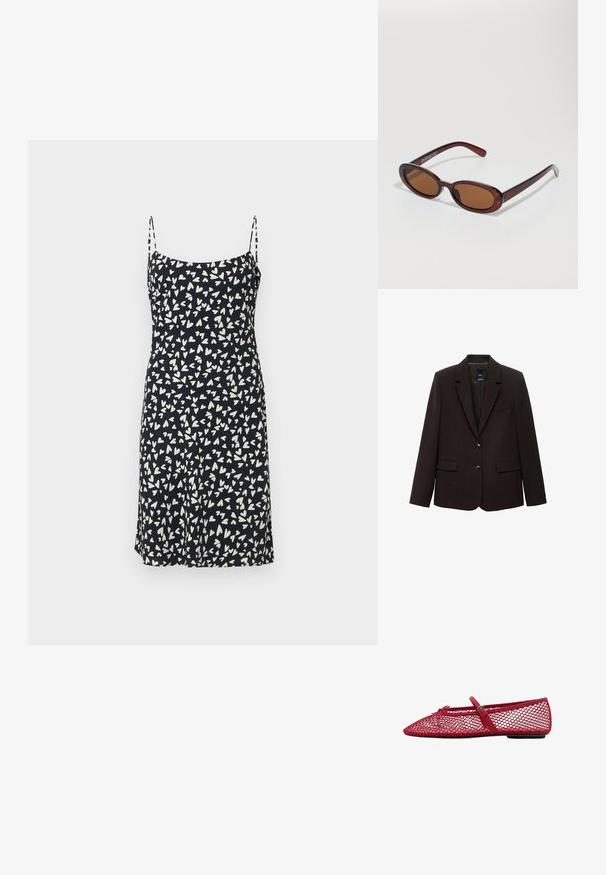 Tamnosmeđi sako od teksturirane tkanine, s reverom, dva prednja džepa i dva dugmeta za zatvaranje. Obložen unutrašnjost.; Crna haljina s bijelim uzorcima srca, podesive naramenice, A-linija silueta, izrađena od lagane tkanine s glatkom teksturom.; Crvene mrežaste balerinke s izrezanim vrhom, s tankom trakicom i detaljem kopče. Gornji dio ima otvoreni uzorak u obliku saća.; Okvir okruglih, smeđkastih sunčanih naočala s sjajnim burgundskim okvirom. Uski nositelji s suptilnim brendiranjem. Ravna leća.