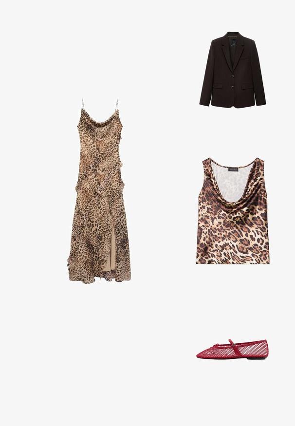 Dunkelbrauner Blazer aus strukturiertem Stoff, mit einem Reverskragen, zwei vorderen Taschen und zwei Knöpfen zum Verschließen. Gefüttert innen.; Leopardenmuster ärmelloses Oberteil, drapierter Ausschnitt, seidige Textur, in Braun- und Beigetönen, mit kräftigen schwarzen Flecken und glatter Oberfläche.; Leopardenmuster-Kleid mit drapiertem Design, mit Rüschen entlang der Ränder und einem hoch geschnittenen Schlitz. Hergestellt aus leichtem Stoff mit Spaghettiträgern.; Rote Netz-Ballerinas mit spitzem Zehenbereich, ausgestattet mit einem dünnen Riemen und Schnallen-Detail. Das Obermaterial hat ein offenes Wabenmuster.
