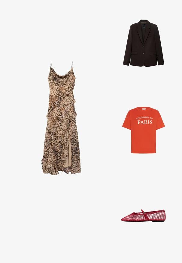 Temno rjavi blazer iz teksturirane tkanine, z notčastim ovratnikom, dvema sprednjima žepoma in dvema gumboma za zapiranje. Podložen notranji del.; Oranžna bombažna majica s kratkimi rokavi, ki ima bele nesrečne napise "SREDO V PARIZU" v ukrivljenem dizajnu čez sprednji del.; Obleka z leopardjim vzorcem z drapirano zasnovo, obrobljena z naborki in s visokim razporkom do stegna. Narejena iz lahkega materiala z naramnicami.; Rde mrežaste balerinke s koničastim prstom, ki imajo tanek trak in podrobnost z zaponko. Zgornji del ima odprt, satasti vzorec.
