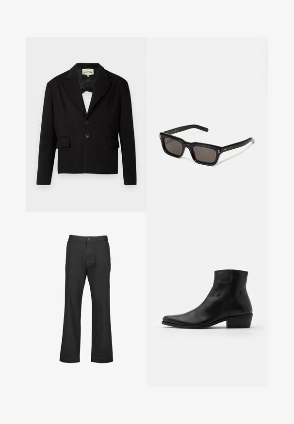 Musta lyhyt bleiseri, jossa on terävä kaulus, kaksi etutaskua ja kaksi mustaa nappia. Silkkinen kangas, jossa on jämäkkä siluetti.; Vaaleanpunainen satiinipaita korkealla kauluksella, jossa on tekstiilifringejä edessä ja pitkät hihat tiukoilla hiharesoreilla.; HUGO ZAYN - Housut - black; Musta nahkainen nilkkapuke, jossa on terävä kärki, vähäiset ompeleet, keskipitkä palikkakorko ja sileä, kiiltävä pinta.; Mustat suorakulmaiset aurinkolasit tummilla linsseillä, paksu muovikehys, kultaiset korostukset temppeleissä ja brändin logo kaiverrettuna varteen.