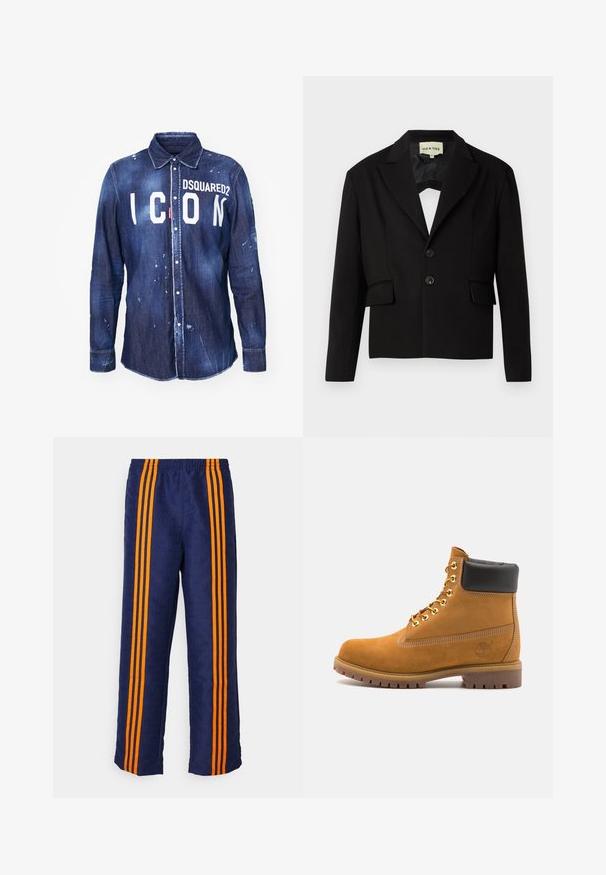 Blazer preto cropped com lapela canelada, dois bolsos frontais e dois botões pretos. Tecido suave com uma silhueta estruturada.; Camisa de ganga em azul escuro com o texto "ICON" em branco e o logótipo "DSQUARED2". Apresenta fecho de botão, colarinho pontudo e manchas de tinta desgastadas.; Calças azul-marinho com padrão texturizado em toda a peça, apresentando três listras laranja vibrante ao longo de cada lado. Cintura elástica no topo.; Botim de tornozelo em camurça bege com colarinho acolchoado preto, ilhós de metal dourado, detalhes de costura branca e sola de borracha robusta com sulcos pronunciados.