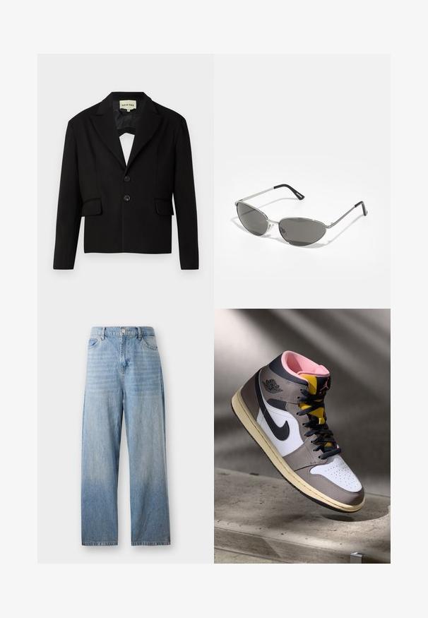 Melna īsā žakete ar iegrieztiem atlokiem, divām priekšējām kabatām un divām melnām pogām. Gluda auduma struktūra ar izteiktu siluetu.; Divi balti bezmugurkaļu krekli, ribotā tekstūrā, ar zilo un zaļo izšūto logotipu. Viens ar saules motīvu, otrs ar palmas motīvu.; Gaiši zili džinsi ar taisnu piegriezumu, augstu jostasvietu un izbalējušu apdari. Iekļauj priekšējās kabatas un pogu aizdari.; Augstās Nike Air Jordan kedas baltā, pelēkā un melnā krāsā ar rozā iekšpusi un dzelteno mēli, novietotas uz betona virsmas.; Saulesbrilles ar elegantu sudraba metāla rāmi, pelēkās nokrāsas lēcām un aerodinamisku dizainu, kas izceļas ar izliektiem stūriem un plānām kājām.