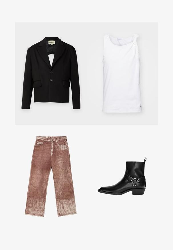 Schwarzer, taillierter Blazer mit Reverskragen, zwei Fronttaschen und zwei schwarzen Knöpfen. Glattes Material mit strukturierter Silhouette.; Weißes ärmelloses Oberteil aus weichem Stoff mit einem geknoteten Schulterdetail. Schlichtes Design mit geradem Schnitt und dezentem Logo am Saum.; Braune Denim-Jeans zeichnen sich durch ein strukturiertes, gefächertes Design mit helleren Verblassungen aus. Sie sind mit vier Taschen und silbernen Hardware-Akzenten ausgestattet.; Schwarze Leder-Ankle-Boots mit spitzem Zehenbereich, dekorativem Riemen und runder Schnalle sowie niedrigem Absatz. Glatte Textur mit minimaler Naht.