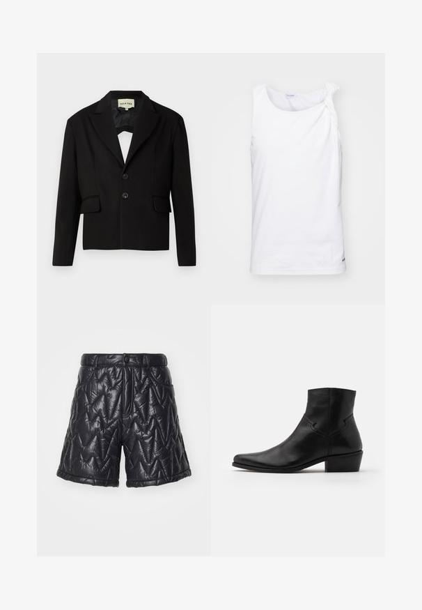 Black cropped blazer with a notched lapel, two front pockets, and two black buttons. Smooth fabric with a structured silhouette.; White sleeveless top made of soft fabric, featuring a knotted shoulder detail. Simple design with a straight fit and subtle logo at the hem.; Black quilted shorts made of glossy, padded fabric. Features a zip fly, front pockets, and a zigzag stitch pattern on the surface.; Black leather ankle boot with a pointed toe, minimal stitching details, a mid-height block heel, and a smooth, polished finish.