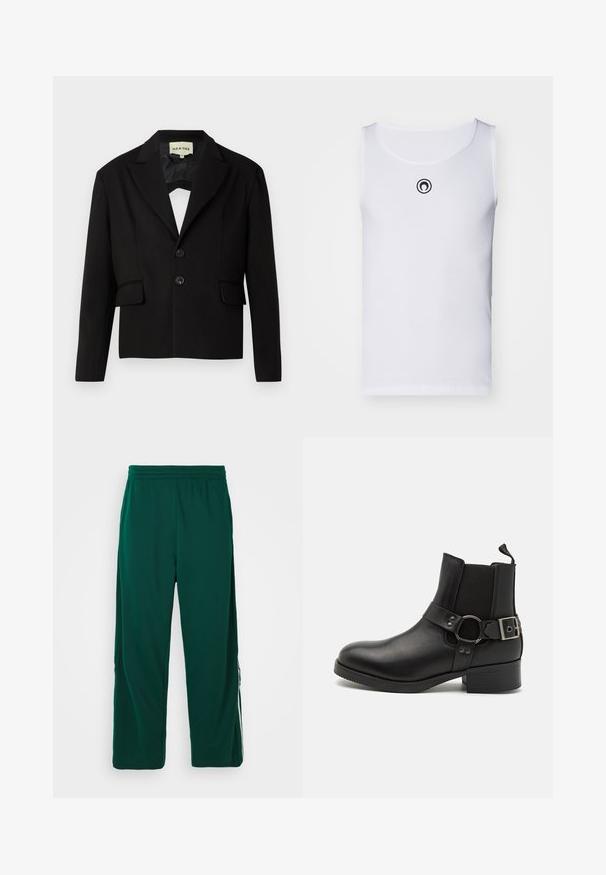 Melna īsā žakete ar iegrieztiem atlokiem, divām priekšējām kabatām un divām melnām pogām. Gluda auduma struktūra ar izteiktu siluetu.; Balts bez piedurknēm T-krekls, izgatavots no ribota auduma, ar apaļu kakla izgriezumu un mazu melnu logotipu uz krūšu daļas.; Zaļas, vieglas, elastīgas vidukļa bikses ar brīvu piegriezumu. Iespējoti sānu kabatas un baltas svītras detaļas pa malām.; Steve Madden ANTONN - Kovboju/motociklistu tipa puszābaki - black