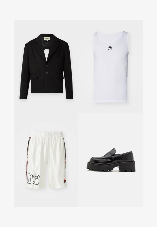 Blazer preto cropped com lapela canelada, dois bolsos frontais e dois botões pretos. Tecido suave com uma silhueta estruturada.; Camisola sem mangas branca feita de tecido canelado, com um decote redondo e um pequeno logótipo preto no peito.; Calções de desporto brancos com cintura elástica. Apresentam uma grande impressão preta "03" e painéis laterais com um padrão. Logótipo da Adidas presente.; Mocassins de couro preto com uma sola de borracha robusta, apresentando uma plataforma elevada e uma tira atravessando o peito do pé. Textura suave e forma arredondada.