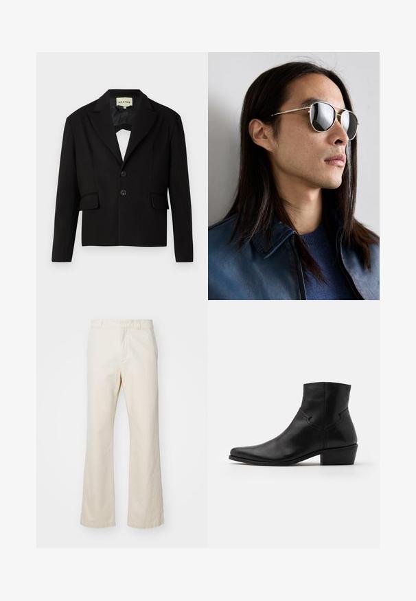 Crni skraćeni blejzer s rebrastim reverima, dva prednja džepa i dva crna dugmeta. Glatka tkanina s strukturiranim siluetom.; Bijela bezrukavna majica od rebraste tkanine, sa okruglim izrezom i malim crnim logotipom na prsima.; Bež pamuk hlače s ravnim krojem, s prednjim zatvaračem i dugmetom, glatke teksture i minimalizam.; Crne kožne čizmice do gležnja s šiljastim vrhom, minimalnim šavovima, blok petom srednje visine i glatkom, poliranom završnom obradom.; Metalne sunčane naočale s reflektirajućim lećama, u obliku avijatora, srebrnog okvira i detaljima na sljepoočnicama. Nosi se uz plavi pulover i jaknu.