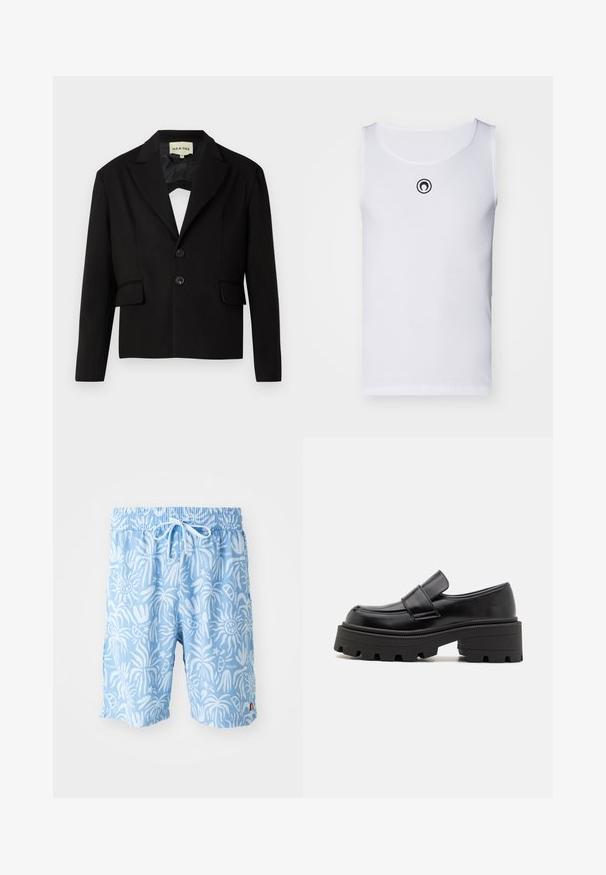 Fekete, rövidített zakó, kifordított hajtókával, elülső két zsebbel és két fekete gombbal. Sima anyag, strukturált fazon.; Fehér ujjatlan top ribbed anyagból, kerek nyakkivágással és egy kis fekete logóval a mellrészen.; Világoskék fürdőnadrág fehér absztrakt mintával, rugalmas derékpánttal és zsinórral. Logó az elülső bal oldalon és oldalsó hasítékok a szegélyen.; Fekete bőr mokaszinok, masszív gumitalppal, kiemelkedő platformmal és egy szalaggal a lábfej keresztezett részén. Simma textúra és kerek forma.