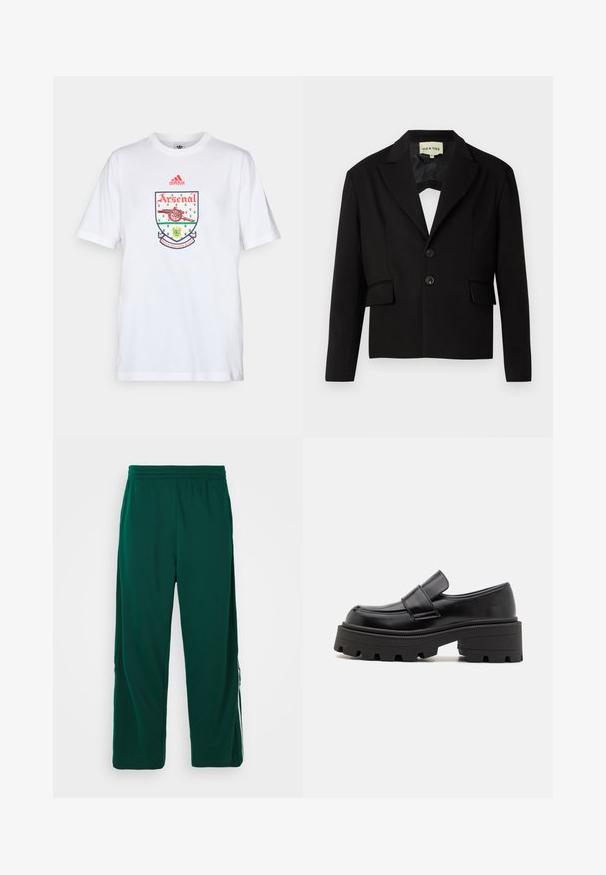 Černý zkrácený blazer s klopami, dvěma předními kapsami a dvěma černými knoflíky. Hladká tkanina s pevným siluetou.; adidas Performance ARSENAL FC TEE 92-94 - Klubové oblečení - white; Zelené, lehké kalhoty s elastickým pasem a volným střihem. Obsahují boční kapsy a bílé pruhy podél stran.; Černé kožené mokasíny s robustní gumovou podrážkou, které mají zvýšenou platformu a pásek přes nárt. Hladký povrch a zaoblený tvar.
