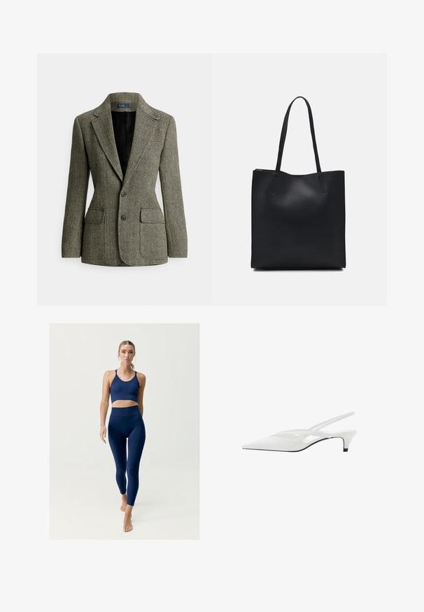 Ženski krojeni blazer z vzorcem ribje kosti v črno-bež barvi, z zarezanimi reverji, dvema gumboma in žepki s preklopom.; Črno-beli dolg rokav t-shirti z okroglimi izrezi, mehkim blagom in prilegajočim dizajnom z ravnimi robovi.; Temno modri športni komplet, ki vključuje kratko modrček z tankimi naramnicami in hlače z visokim pasom, oba izdelana iz gladkega, raztegljivega materiala.; Bela slingback peta z ošiljenim nosom, z gladkim zgornjim delom, subtilnimi izrezi in nizkim blok petkom. Črna podplat poudarja dizajn.; Črna usnjena torba s svilnato teksturo, pravokotne oblike in dvema dolgima ročajema. Brez vidnih metalnih delov ali okrasnih elementov.