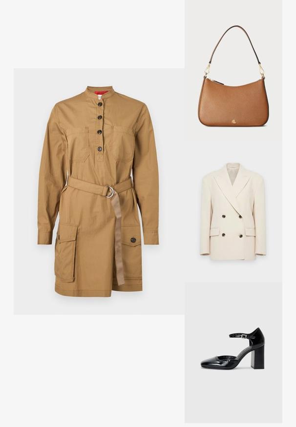 Kermanvärinen kaksirivinen bleiseri, jossa on leveät kaulukset ja neljä tummaa nappia, varustettuna kahdella läpällisellä taskulla ja jämäkkillä hartioilla.; Tan utilitairimekko, jossa on korkea kaulus, napitettu etuosa, rintataskut, vyötäröllä vyö ja kaksi sivutaskua. Valmistettu kevyestä kankaasta.; Musta lakattu nahkainen korkokenkä neliskanttisen kärjen, nilkkaremmin ja paksun koron kanssa. Mukana reikäkuviointi reunassa.; Ruskea teksturoitu nahkalaukku kaarevalla muodolla, kultasävyisellä metalliosalla ja yhdellä olkahihnalla. Varustettu vetoketjulla ja logo-yksityiskohdalla.