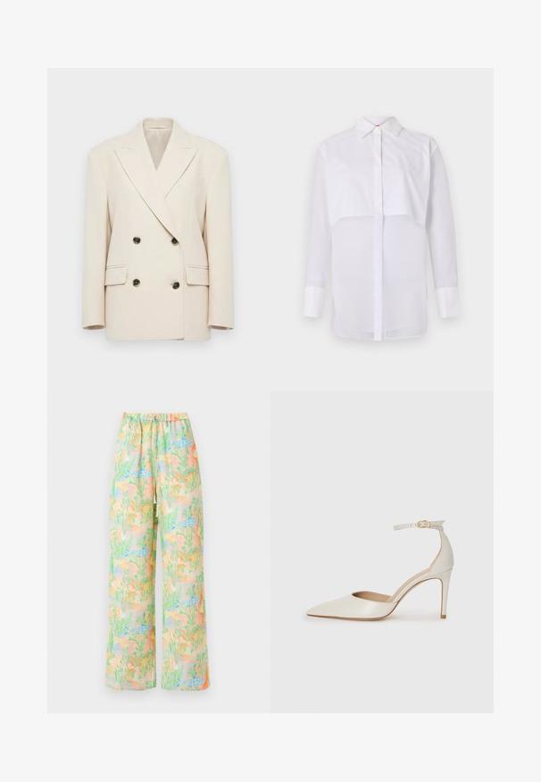 Kreminės spalvos dvigubo užtrauktuko švarkas su plačiomis atlapomis ir keturiais tamsiais mygtukais, turintis dvi užlenktas kišenes ir struktūrizuotus pečius.; Balta ilga rankovė bluzonė, pagaminta iš lengvos medžiagos, su klasikine apykakle, priekiniais mygtukais ir sluoksniuota konstrukcija, turinčia permatomą apatinę dalį.; Platus kojų kelnės iš lengvos medžiagos, puoštos pastelinių atspalvių žuvų ir augalų raštu. Elastinė juosta su raišteliu.; Balti odiniai aukštakulniai batai su smailiu priekiniu galu, kulkšnies dirželiu ir siauru stiletu. Lygi tekstūra su subtiliu blizgiu paviršiumi.