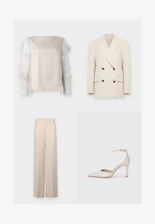 Bež dvoredni blejzer s širokim reverima i četiri tamna gumba, koji ima dvije preklopne džepove i strukturirane ramena.; Bež bluzica s glatkim tkaninom i prozirnim rukavima ukrašenim cvjetnim detaljima, s više slojeva cvjetova duž rubova.; Bež hlače širokih nogavica od glatke tkanine, s visokim strukom i suptilnim prednjim naborima. Bez džepova ili vidljivih metalnih detalja.; Bijela kožna visoko potpetica s oštrim vrhom, remenom oko članaka i tankom stiletto potpeticom. Glatka tekstura s blagim sjajnim završetkom.