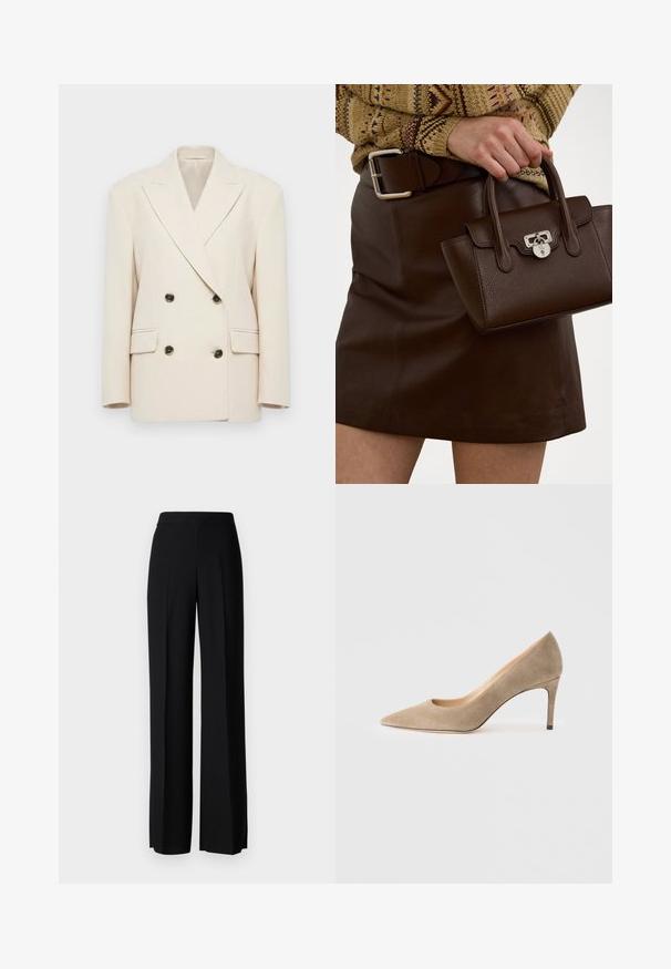 Krämsfärgad dubbelknäppt blazer med breda slag och fyra mörka knappar, med två flap-fickor och strukturerade axlar.; Vit bomullströja med korta ärmar, rund halsringning, avslappnad passform och inga synliga mönster eller grafiska element. Slät textur och enkel design.; Svarta vida byxor med en slät textur, med hög midja och centrala veck. Inga synliga mönster eller hårdvarudetaljer.; Beige mockasklädda högklackade pumps med spetsig tå, lätt utskärning, slank klack och slät textur. Minimalistisk stil.; Brun läderhandväska med texturerad yta och silverdetaljer, hålls med en hand bredvid en brun läderkjol och en mönstrad tröja.