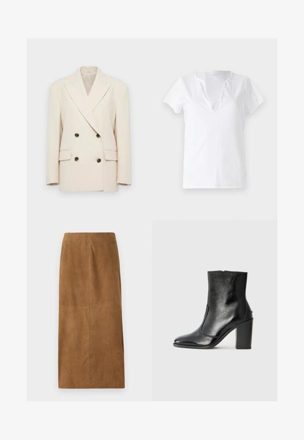 Blazer doppiopetto color crema con ampi rever e quattro bottoni scuri, dotato di due tasche a pattina e spalle strutturate.; T-shirt bianco in cotone con maniche corte, vestibilità comoda, e scollatura a V con una pettorina decorativa con cinque bottoni.; Gonna midi in suede marrone con una linea dritta, texture liscia e cuciture pulite. Non presenta chiusure visibili o accenti aggiuntivi.; Stivale alla caviglia in pelle nera, con una superficie liscia, punta affilata e tacco alto e massiccio. Presenta una apertura laterale e un design minimalista.