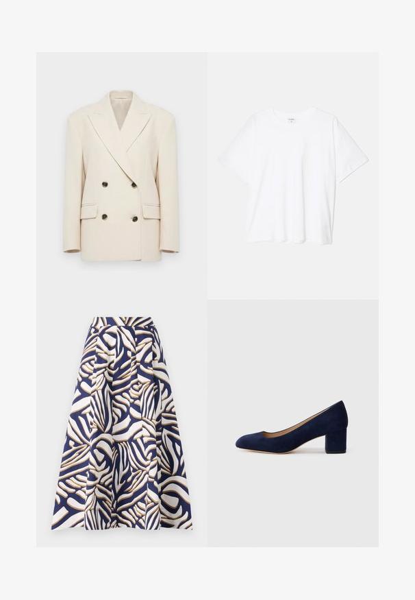 Krémový dvojradový blejzer s širokými klopami a štyrmi tmavými gombíkmi, obsahujúci dve vonkajšie vrecká a vypchávané plecia.; Biely bavlnený tričko s krátkymi rukávmi, okrúhlym výstrihom, voľným strihom a prešitým lemom. Štítok viditeľný na vnútornom krku.; Sukňa do dĺžky kolien vyrobená z bavlny, s námorníckou modrou farbou a výraznými bielymi a zlatými abstraktnými vzormi; plisé dodáva objem.; Námořnické modré semišové lodičky s špičatou špičkou a středním blokovým podpatkem. Hladká textura s jemným leskem a malým výstřihem vpředu.