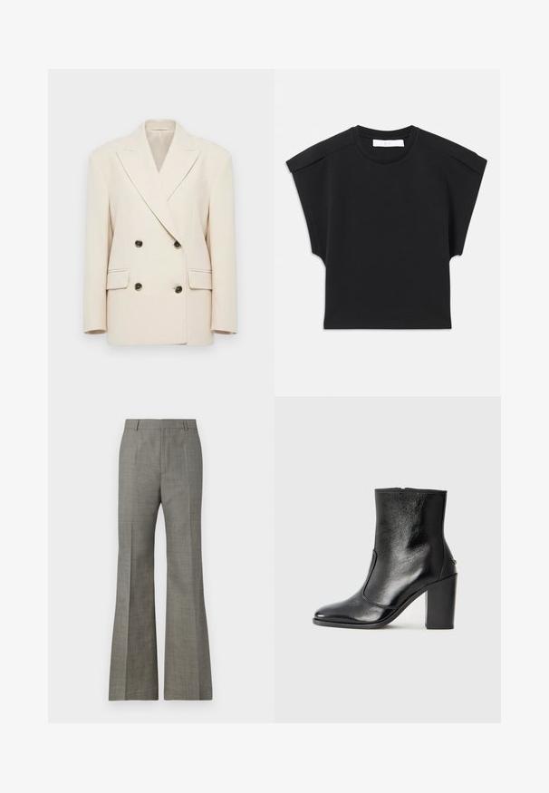 Cream-colored double-breasted blazer with wide lapels and four dark buttons, featuring two flap pockets and structured shoulders.; Black short-sleeve top with a round neckline and shoulder detailing, laid flat on a white background.; Gray flared trousers made of textured fabric, featuring a tailored fit, subtle plaid pattern, and front creases for a refined appearance.; Black leather ankle boot with a smooth texture, pointed toe, and a chunky high heel. Features a side opening and minimalistic design.
