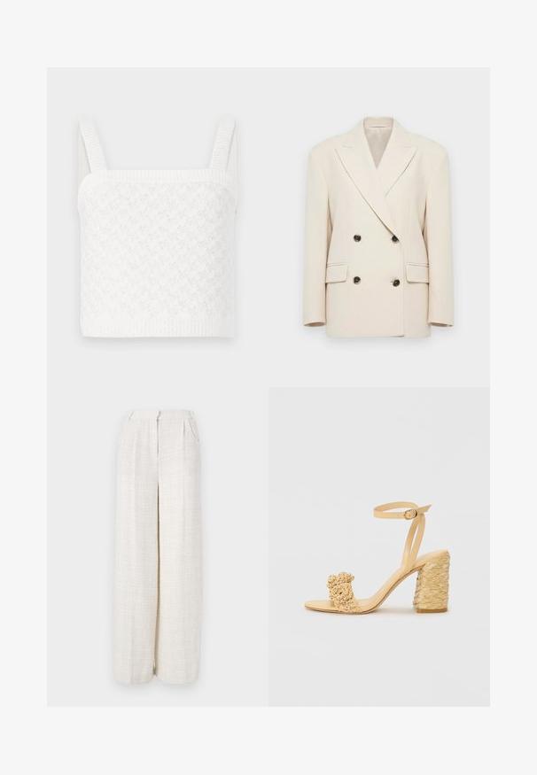 Kreemivärvi kahekordse nööbiga blazer laiade kraede ja nelja tumeda nupuga, millel on kaks taskut ja struktureeritud õlad.; Valge kootud lühike topp ruudukujulise kaelusega, millel on tekstuurilised mustrid ja laiad soonilised rihmad. Pehme kangas kerge läikega.; Laiad püksid heleses beezis kangas, millel on tekstureeritud kootud muster. Omab esiotsa vööd ja nähtavaid kinnitusi pole.; Beez kõrge kontsaga sandaalid, millel on punutud tekstuur, dekoratiivne lilleke ja pahkluu rihm. Ruudukujuline konts tagab stabiilsuse.