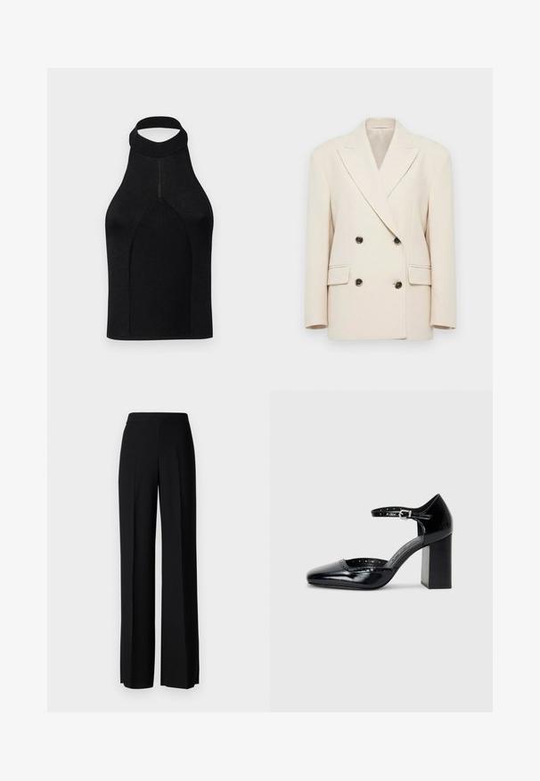 Kremno obojeni dvojniki s širokimi reverji in štirimi temnimi gumbi, z dvema žepoma z zavihkom in strukturiranimi rameni.; Črna halter majica z oprijetim silhuetom, izdelana iz rebraste pletenine. Ponuja visok ovratnik in brezšivno zasnovo z gladko teksturo.; Črne široke hlače z gladko teksturo, z visokim pasom in središnjimi pregibi. Brez vidnih vzorcev ali kovinskih detajlov.; Črne lakirane usnjene čevlje s peto, kvadratnim izrezom, trakovi okrog gležnja in masivno peto. Vsebujejo perforirane detajle ob robu.