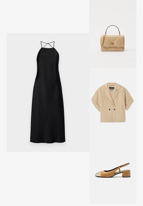 Béžové dvouřadé sako s krátkými rukávy, s klopovým límcem a dvěma předními kapsami, vyrobené z měkké texturované tkaniny.; Černé saténové maxi šaty s halter výstřihem a křížovými popruhy na zádech, s hladkou texturou a minimalistickým designem.; Hnědé kožené slingback lodičky s metalickým zlatým špičkou, s blokovým podpatkem a štíhlým nastavovacím páskem. Hladký povrch s minimálními detaily.; Prošívaná béžová kožená kabelka se zlatou kovovou bižuterií, řetízkovým popruhem a horní rukojetí. Obsahuje přední klopu a podpisový detail loga.