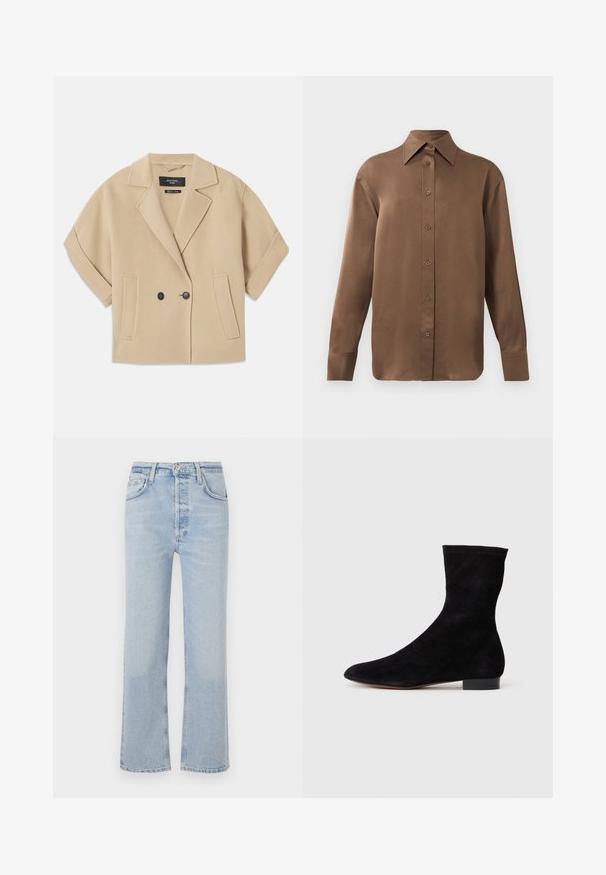 Beżowa kurtka dwurzędowa z krótkimi rękawami, z wykładanym kołnierzem i dwiema przednimi kieszeniami, wykonana z miękkiej tkaniny o teksturowanej powierzchni.; Brązowa, długosleeve koszula z guzikami, z ostrym kołnierzykiem i mankietami, prezentowana na jednolitym białym tle.; Jasnoniebieskie dżinsy o prostym kroju, z przednimi kieszeniami i małym metalowym guzikiem w pasie.; Czarne zamszowe botki za kostkę z dopasowaną cholewką, spiczastym noskiem i niskim blokowym obcasem. Gładka faktura i minimalistyczny design, odpowiednie do wszechstronnych stylizacji.