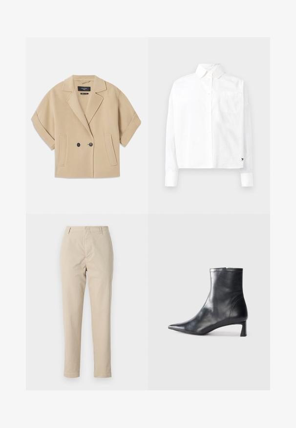 Bēšas divrindu jaka ar īsām piedurknēm, ar ievērojamu piegriezumu un divām priekšējām kabatām, izgatavota no mīksta teksturēta auduma.; Balta garām piedurknēm pogājama krekla ar norādītu apkakli, vienu krūšu kabatu un aprocēm. Izgatavots no gludas, vieglas auduma.; Beige kokvilnas bikses ar taisnu piegriezumu, jostas cilpiņām un rāvējslēdzēju. Audumam ir gluda tekstūra un nav redzamu rakstu vai akcentu.; Melnas ādas potītes zābaki ar norādītu pirkstu un elegantu dizainu. Iezīmē zemu papēdi un rāvējslēdzēja aizdari aizmugurē. Gluda tekstūra.