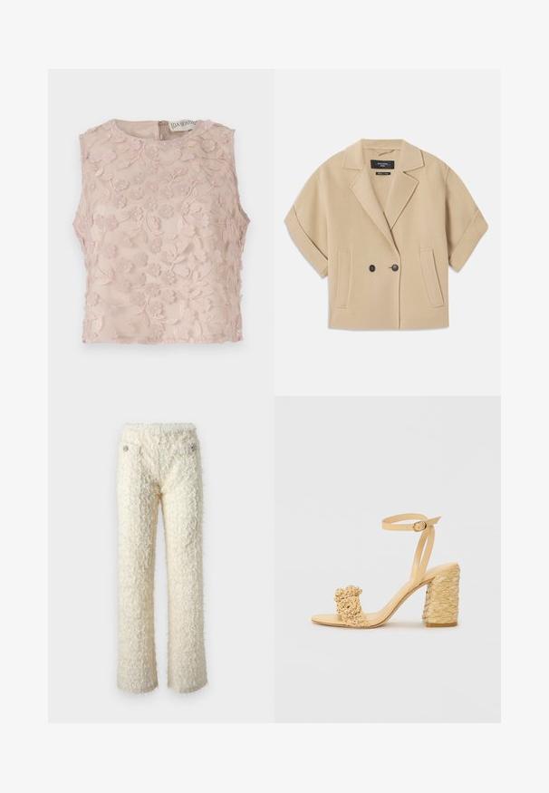 Bežna dvojna jakna s kratkimi rokavi, ki ima zarezan ovratnik in dve sprednji žepki, narejena iz mehke teksturirane tkanine.; Bezrokavni top v svetlo rožnati barvi, opremljen z rožnatim vezenjem z izbočenimi detajli, okroglim izrezom in zadrgo na hrbtni strani. Mehka prosojna tkanina.; Puhasti, off-white hlače z mehkimi teksturami, ravnimi nogami in dekorativnimi srebrnimi gumbi na sprednjih žepih.; Beige sandala na visokom potplatu s pletenom teksturom, s dekorativnim cvijetom i remenom oko gležnja. Kvadratna peta osigurava stabilnost.