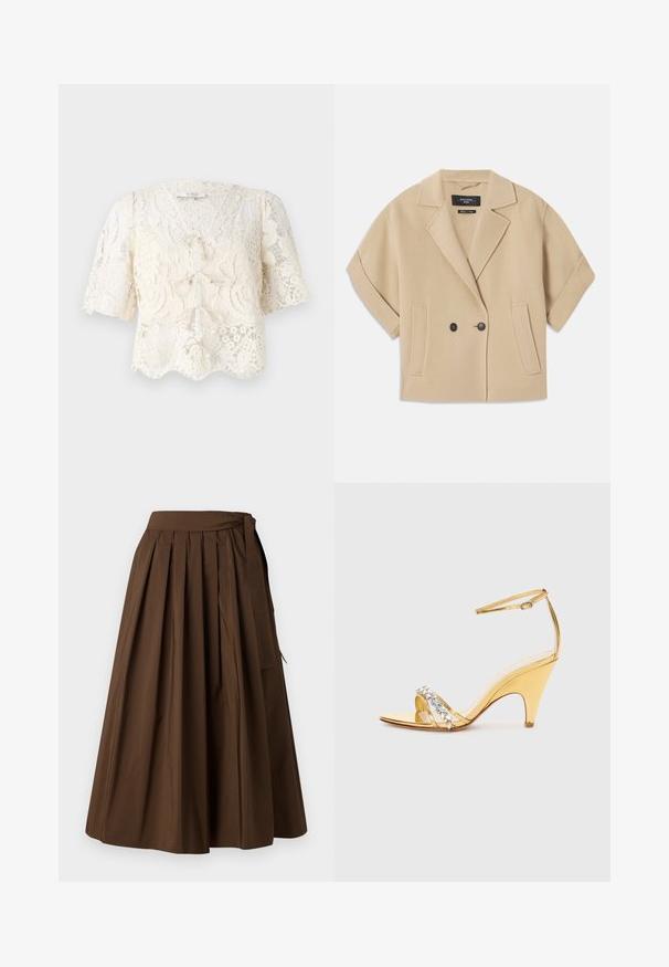 Beige, rövidujjú, dupla gombos zakó, kihajtott gallérral és két elülső zsebnél, puha textúrájú anyagból készült.; Tejszínes csipkeblúz rövid puffos ujjakban, ívelt szegéllyel és díszes kötőelemekkel elöl. Bonyolult virágmintázat az egész anyagon.; Barna frézelt szoknya sima textúrájú anyagból, magas derékkal és oldalsó megkötő részletekkel a zárásához.; Arany színű sarokszandál, pántos kialakítással, amelyen strasszkövekkel díszített pánt található. Nyitott orrú, állítható bokapánttal és keskenyített sarokkal rendelkezik.