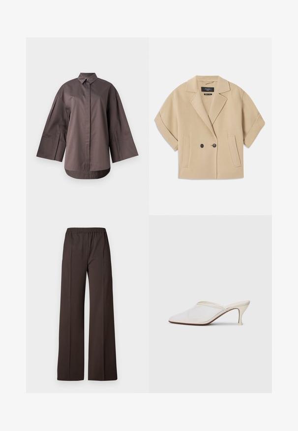 Giacca beige doppiopetto con maniche corte, caratterizzata da un colletto a punte e due tasche frontali, realizzata in un morbido tessuto testurizzato.; MM SAPORE - Camicia - mud; Pantaloni a gamba larga in tessuto marrone scuro con vita elastica, caratterizzati da una superficie liscia e linee pulite per un look elegante.; Mule bianco in rete con punta appuntita, tacco medio sottile e design slip-on su uno sfondo semplice.