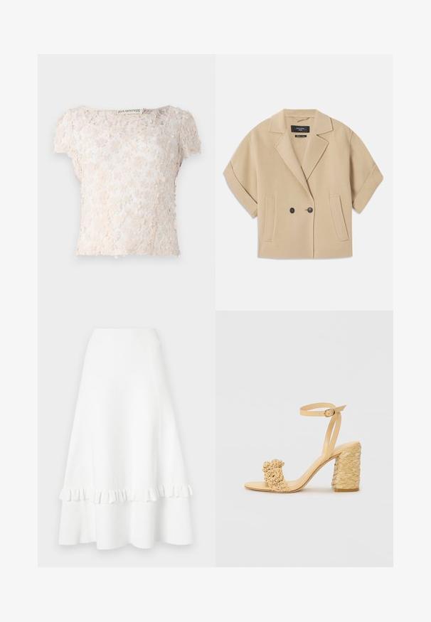 Beige double-breasted jacket with short sleeves, featuring a notched lapel and two front pockets, made from a soft textured fabric.; Lace top in light beige, featuring floral appliqués across the fabric, short sleeves, and a rounded neckline. Textured and delicate design.; White flared skirt made of textured fabric, featuring a ruffled hem and eyelet design, with a smooth waistband and knee-length cut.; Beige high-heeled sandal with a braided texture, featuring a decorative flower and ankle strap. Square-shaped heel adds stability.
