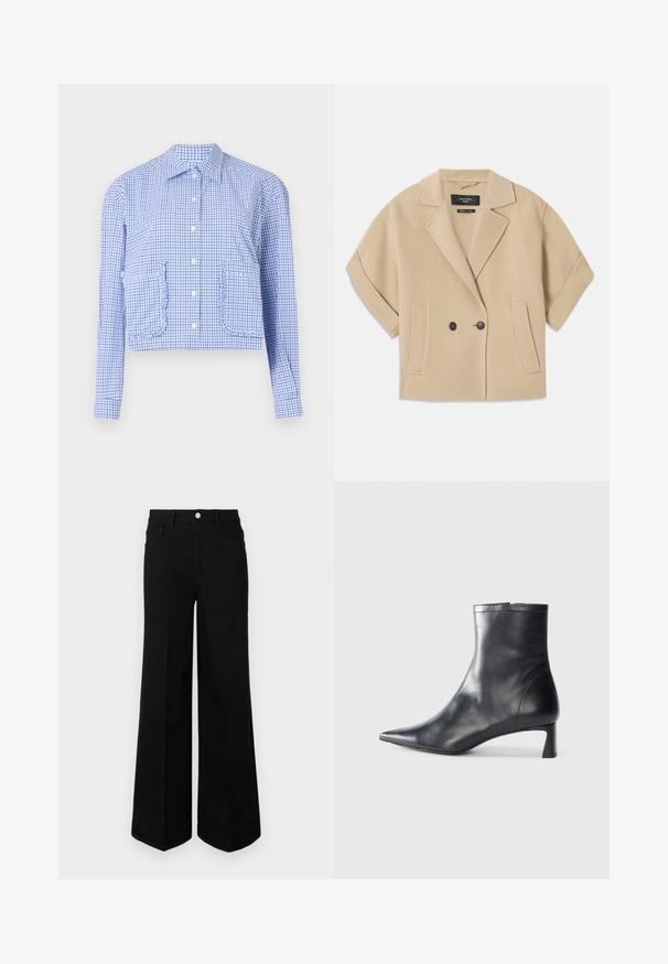 Beige dubbelknäppt jacka med korta ärmar, försedda med slag och två framfickor, tillverkad av ett mjukt texturerat tyg.; Skuren blå och vit rutiga skjorta, långärmad, knäppt framtill, fickor med volangdetaljer, strukturerad krage, mjukt bomullstyg.; Svarta vida jeans i kraftig tyg, med hög midja, framfickor och knäppning fram. Slät fåll längst ner.; Svart läder ankelboot med spetsig tå och en smidig design. Har en låg klack och en dragkedjestängning bak. Slät textur.