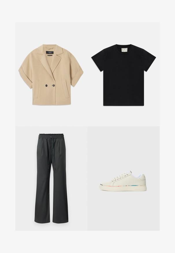 Béžový dvojradový blejzer s krátkymi rukávmi, s klopovým golierom a dvoma prednými vreckami, vyrobený z mäkkej textúrovanej tkaniny.; Čierne tričko s krátkym rukávom a okrúhlym výstrihom s bielou štítkom vo vnútri goliera označeným "D.R.C. EST. 2002" na bielom pozadí.; Čierne široké nohavice s elastickým pásom a dlhými šnúrkami, vystavené na jednoduchom bielom pozadí.; Off-white nízkoprofilová teniska s šnurovaním, biele vnútorné podšívka a jemný multicolor okraj pozdĺž okraja podrážky, bočný pohľad.