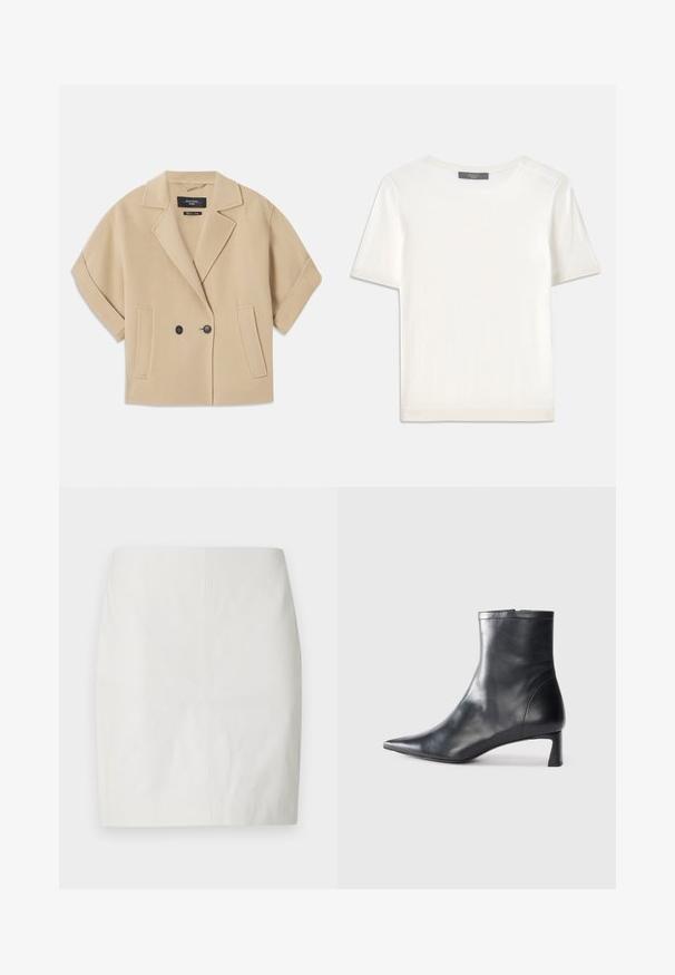 Casaco bege de dupla certeza com mangas curtas, apresentando um lapela serrilhada e dois bolsos frontais, feito de um tecido suave e texturizado.; Top de malha branco, de mangas curtas, com decote redondo, apresentando uma textura suave e discretos realces canelados nas mangas e na barra.; Mini saia branca de couro com silhueta ajustada, textura suave e design clean com costuras mínimas e sem ferragens visíveis.; Bota de tornozelo em pele preta com biqueira apontada e um design elegante. Apresenta um salto baixo e um fecho com zipper na parte de trás. Textura suave.