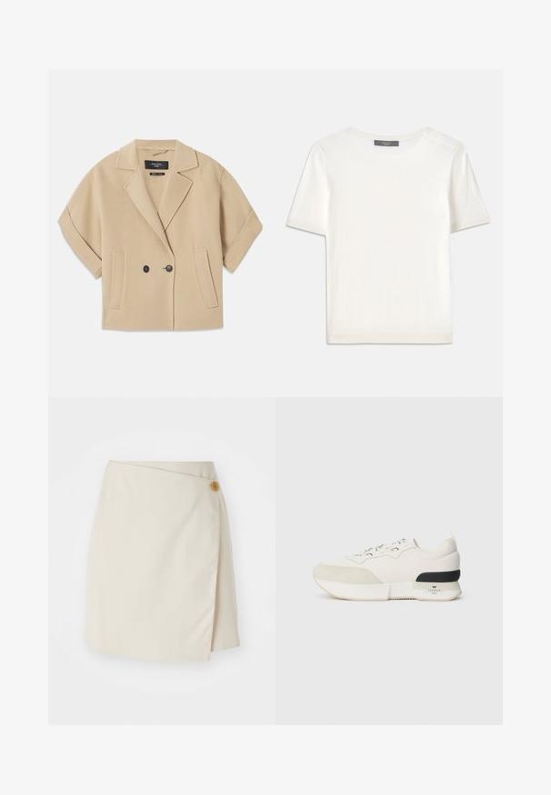 Beige dobbeltradet jakke med korte ærmer, der har en notched krave og to frontlommer, lavet af et blødt tekstureret stof.; Hvid kortærmet strikbluse med rund halsudskæring, der har en glat tekstur og subtile ribbede detaljer ved ærmerne og kanten.; Beige omslagskirt med en sidelukning med knap, ensfarvet stof, rene linjer og en glat tekstur, designet til en tætsiddende silhuet.; Hvide sneakers med en tekstureret suede tåspids, glat mesh-overdel, dekorative snørebånd og en sort gummihæl-accents.