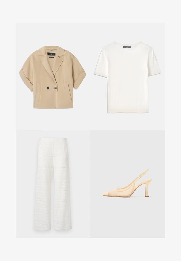 Casaco bege de dupla certeza com mangas curtas, apresentando um lapela serrilhada e dois bolsos frontais, feito de um tecido suave e texturizado.; Top de malha branco, de mangas curtas, com decote redondo, apresentando uma textura suave e discretos realces canelados nas mangas e na barra.; Calças brancas de perna larga com padrões bordados, detalhes em ilhós e um acabamento texturizado; feitas de um tecido leve para maior respirabilidade.; Sandalete de salto alto em malha bege claro com bico fino e um salto slim e curvado, apresentando um detalhe de fivela minimalista.
