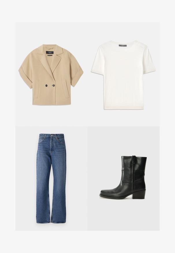 Casaco bege de dupla certeza com mangas curtas, apresentando um lapela serrilhada e dois bolsos frontais, feito de um tecido suave e texturizado.; Top de malha branco, de mangas curtas, com decote redondo, apresentando uma textura suave e discretos realces canelados nas mangas e na barra.; Jeans de denim azul com uma cintura alta, silhueta de perna larga, design clássico de cinco bolsos e um desgaste subtil ao longo do tecido.; Bota de tornozelo em couro preto com bico arredondado, salto bloco, fecho lateral e detalhes em costura na parte frontal. Textura suave, design clássico.
